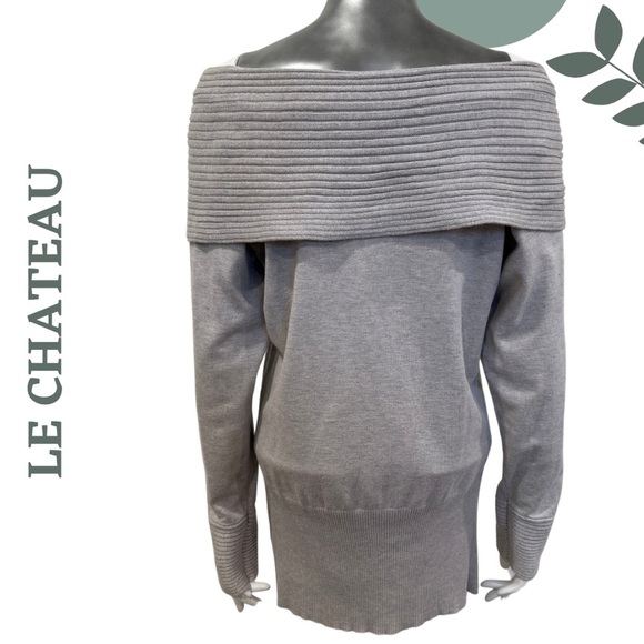 🛍️3/$40 Le Château Gray Off-the-Shoulder Sweater | Ribbed Foldover Collar XXL - Picture 3 of 7